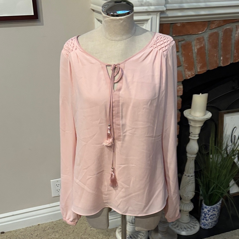 White House Black Market Blush Pink Blouse with Tassel Tie